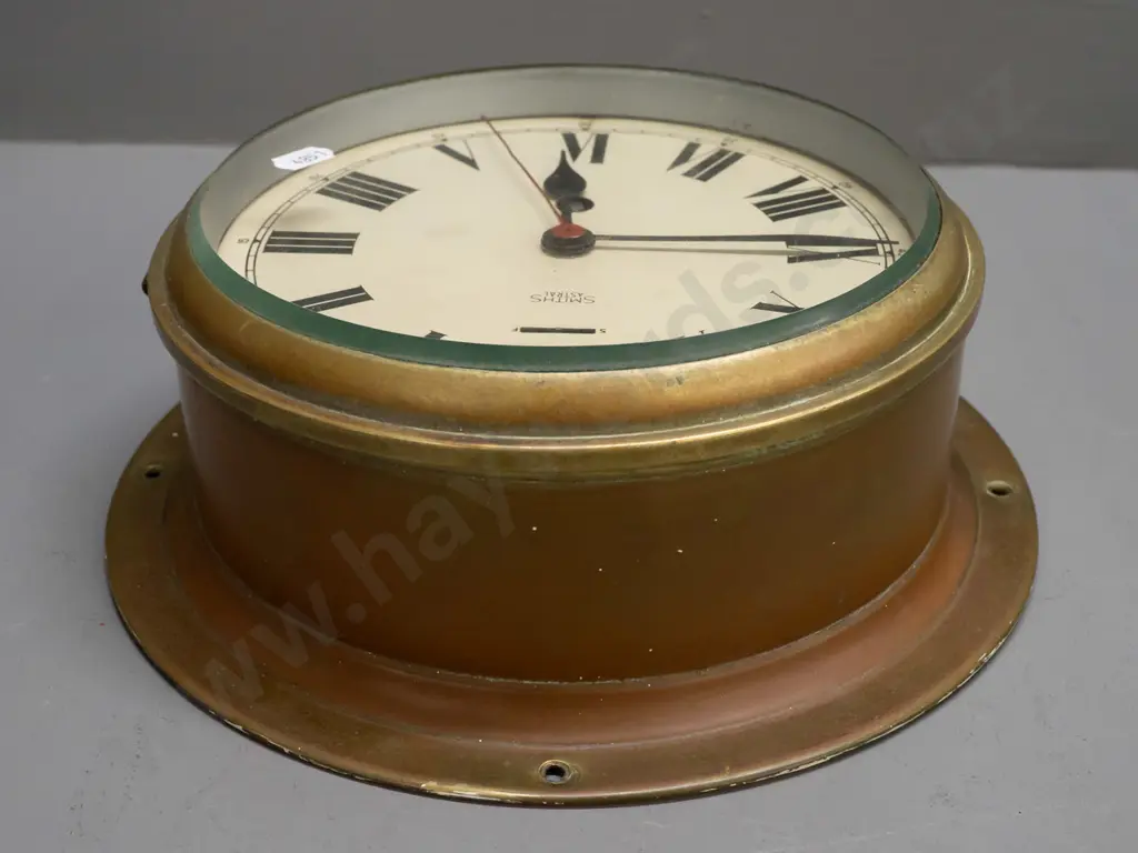 Smiths Astral brass-cased ship's clock with key, bevelled edge glass - some discolouration to brass D-260 Image 1++
