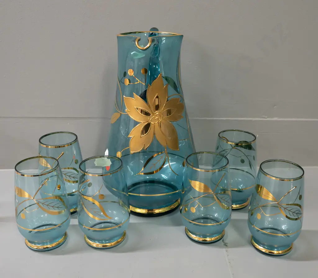 retro teal Bohemian glass water set with floral gilt decoration, original label on one glass and on jug H-250 Image 1++