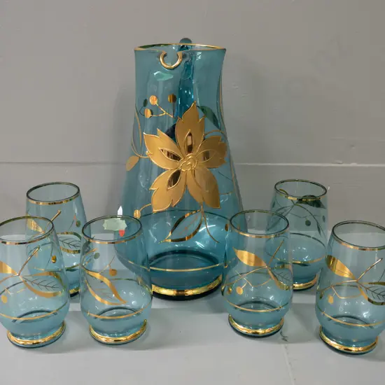 retro teal Bohemian glass water set with floral gilt decoration, original label on one glass and on jug H-250