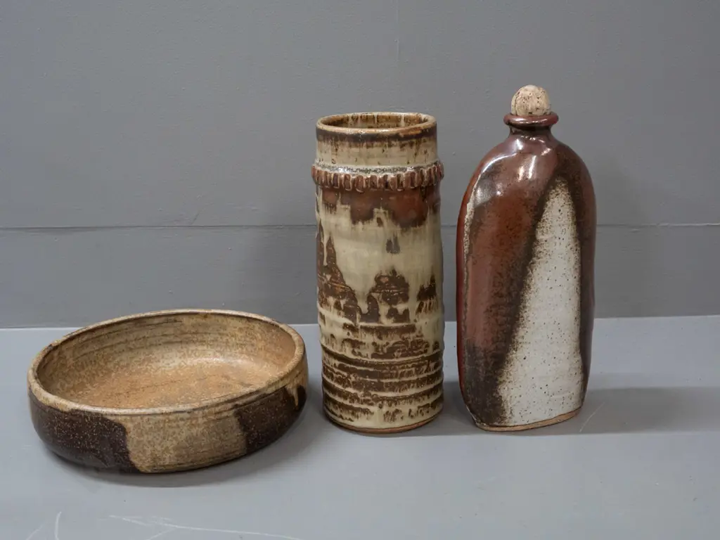 3 New Zealand studio pottery items - ribbed vase( marked GB?) flask with cork stopper a bowl with Alexandra Goldfield Image 1++