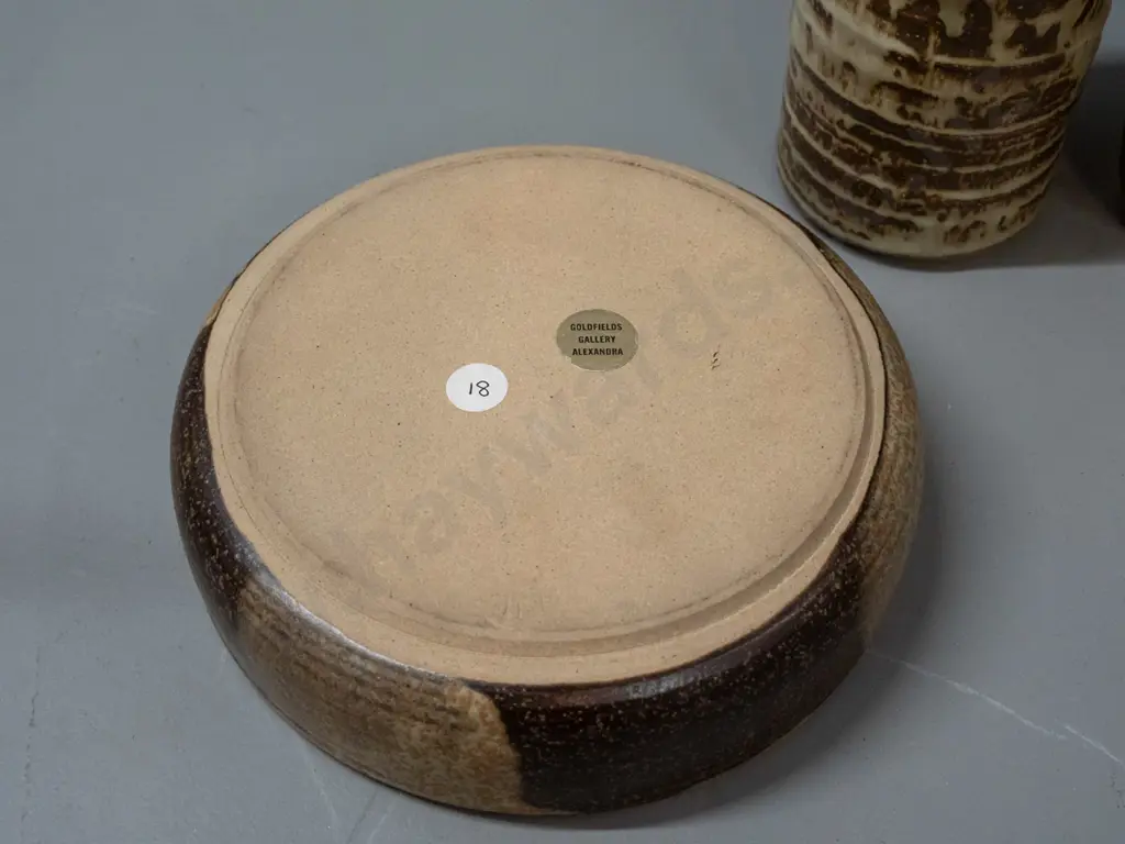 3 New Zealand studio pottery items - ribbed vase( marked GB?) flask with cork stopper a bowl with Alexandra Goldfield Image 1++