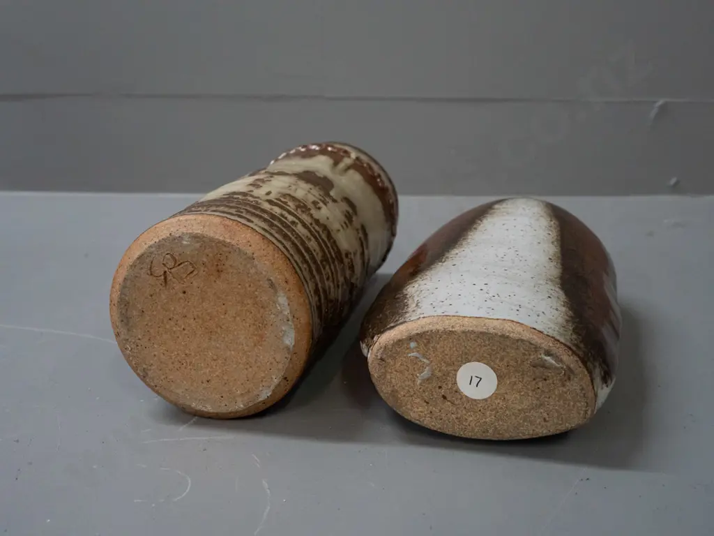 3 New Zealand studio pottery items - ribbed vase( marked GB?) flask with cork stopper a bowl with Alexandra Goldfield Image 1++