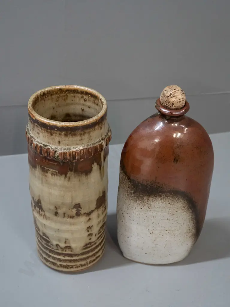 3 New Zealand studio pottery items - ribbed vase( marked GB?) flask with cork stopper a bowl with Alexandra Goldfield Image 1++