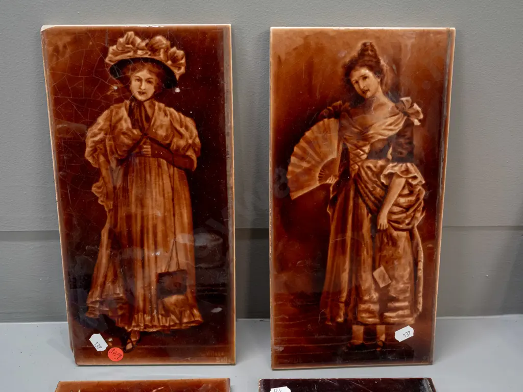 assorted vintage fireplace tiles - 2 large Edwardian figural and mixed smaller ones, one larger one has a chip to bottom Image 1++