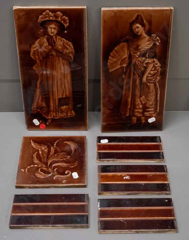 assorted vintage fireplace tiles - 2 large Edwardian figural and mixed smaller ones, one larger one has a chip to bottom Image 1++