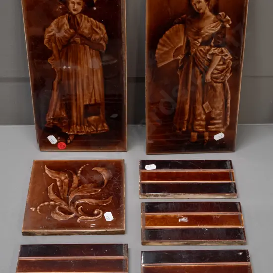 assorted vintage fireplace tiles - 2 large Edwardian figural and mixed smaller ones, one larger one has a chip to bottom
