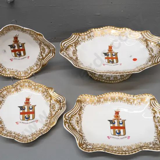 4 pieces of armorial china with hand painted motto and crest, footed oval comport, 2 single- handled dishes and 1 double