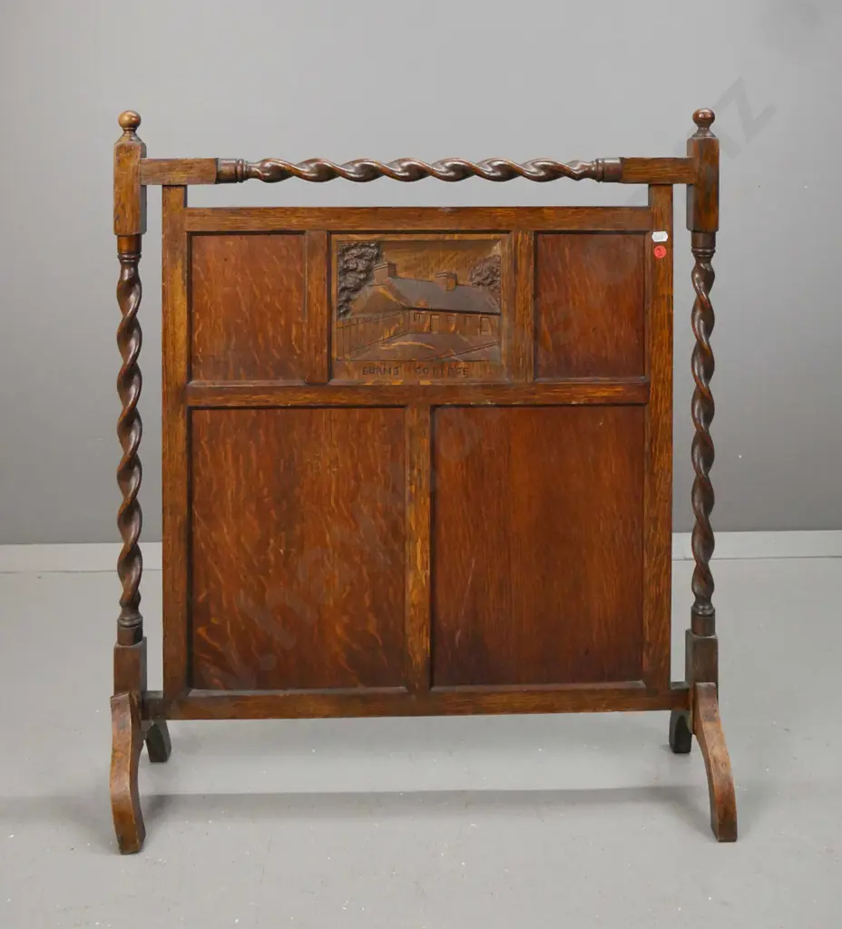 vintage oak fire screen with twist supports and top rail, panelled insert w/ carved panel depicting Burns' cottage, Image 1++