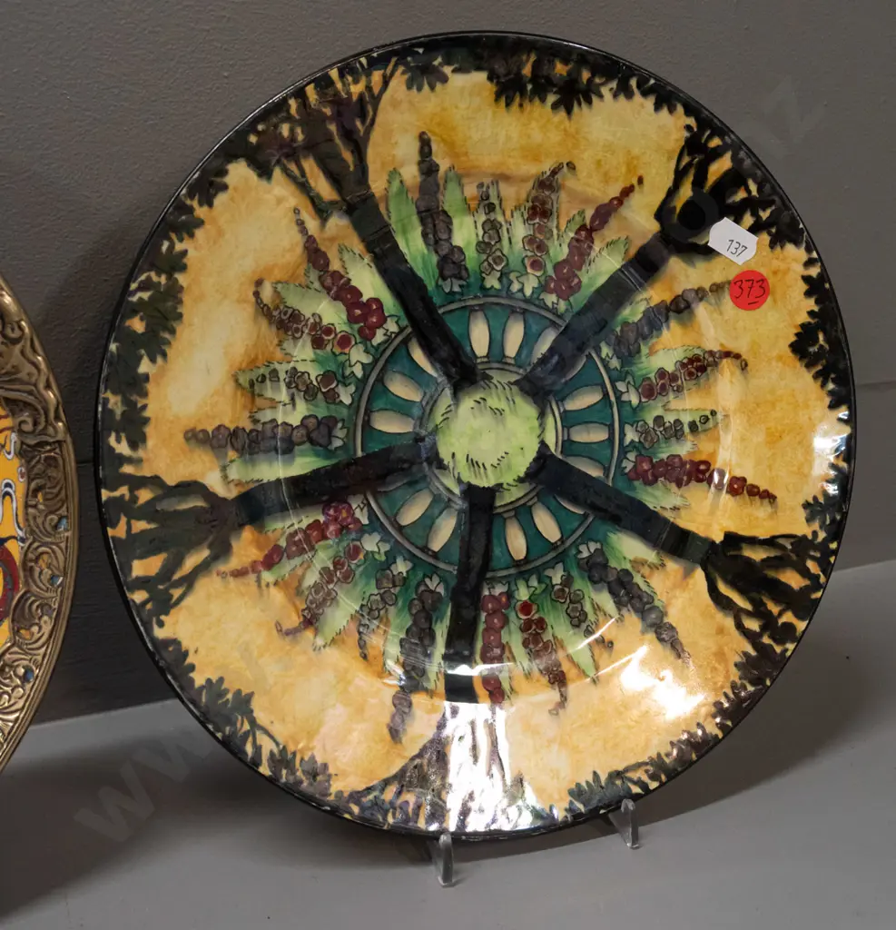 2 cabinet plates - Chinese dragon design with applied pressed metal border with scrolling bat motifs and a Grimwades Image 1++