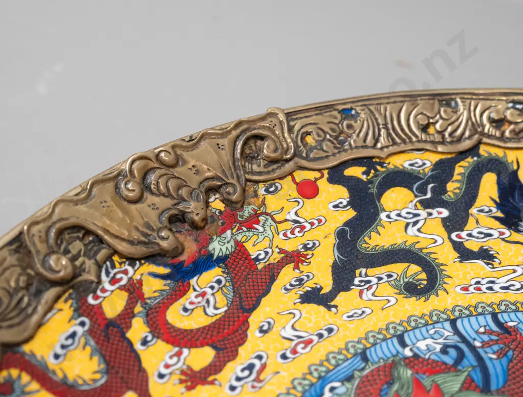 2 cabinet plates - Chinese dragon design with applied pressed metal border with scrolling bat motifs and a Grimwades Image 1++