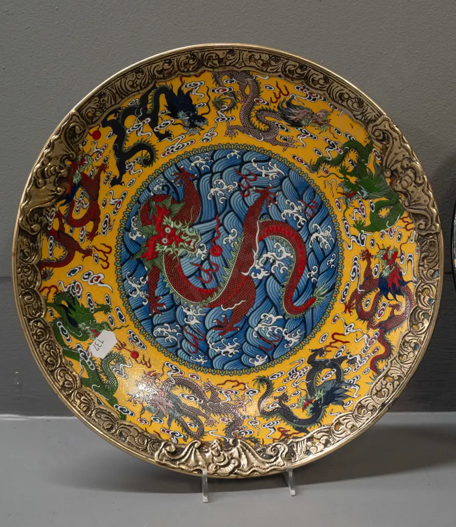 2 cabinet plates - Chinese dragon design with applied pressed metal border with scrolling bat motifs and a Grimwades Image 1++