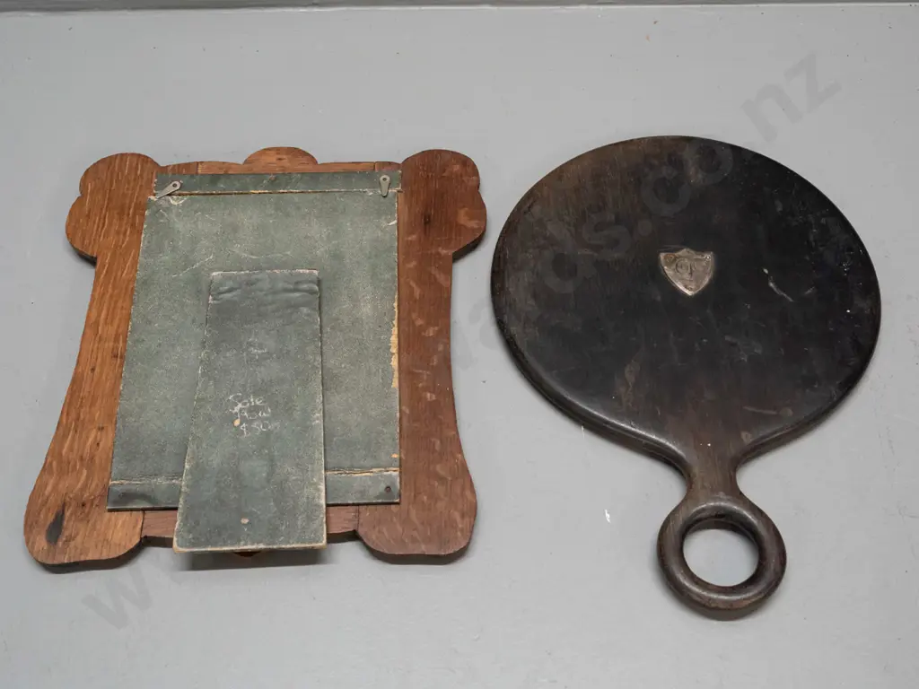 art nouveau style copper and wood picture frame with card back hinge and a hardwood hand mirror with hallmarked silver Image 1++