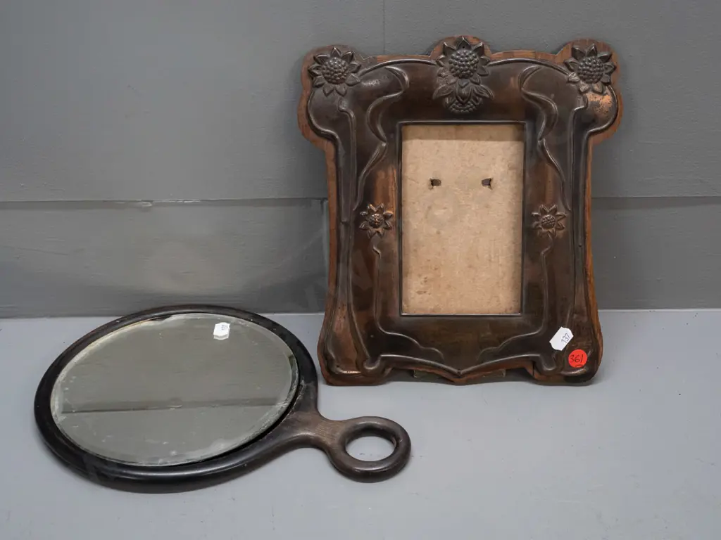 art nouveau style copper and wood picture frame with card back hinge and a hardwood hand mirror with hallmarked silver Image 1++