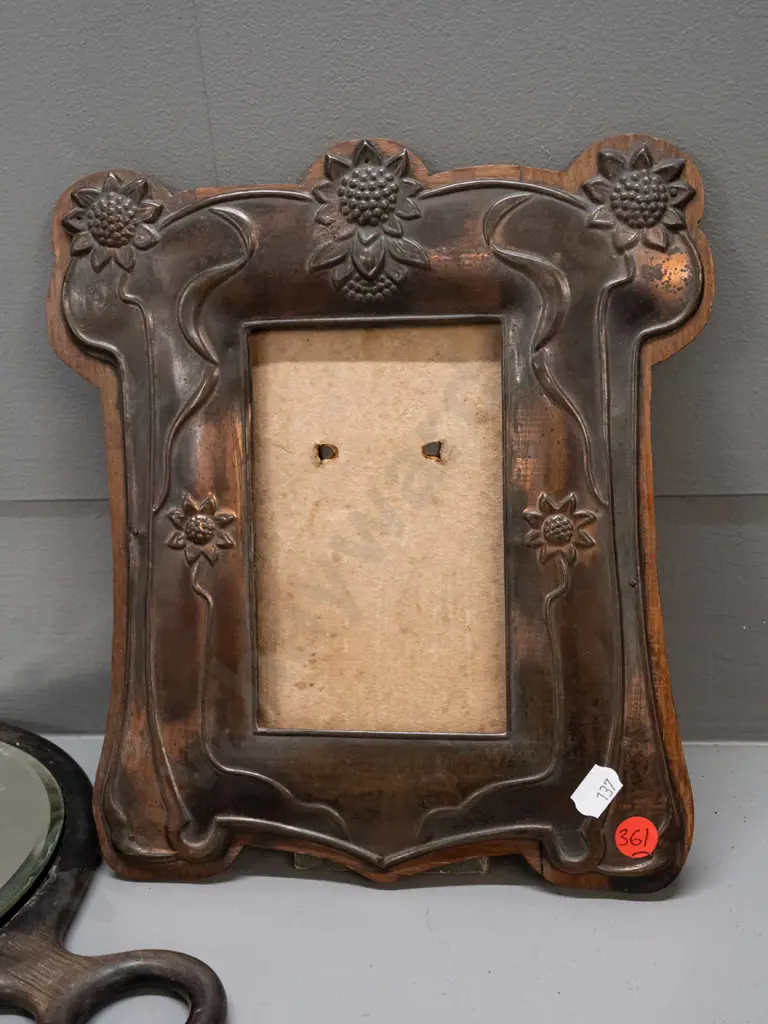 art nouveau style copper and wood picture frame with card back hinge and a hardwood hand mirror with hallmarked silver Image 1++