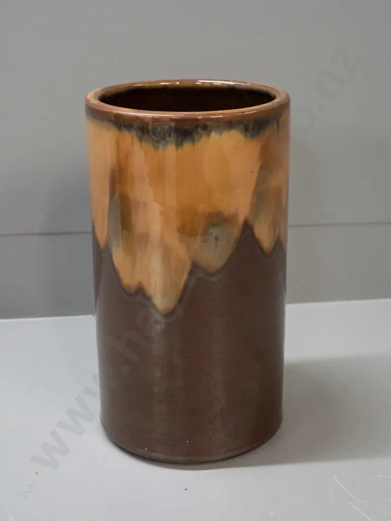 heavy stoneware cylindrical vase with brown and gold drip glaze, no maker's marks H-300 D-170 Image 1++