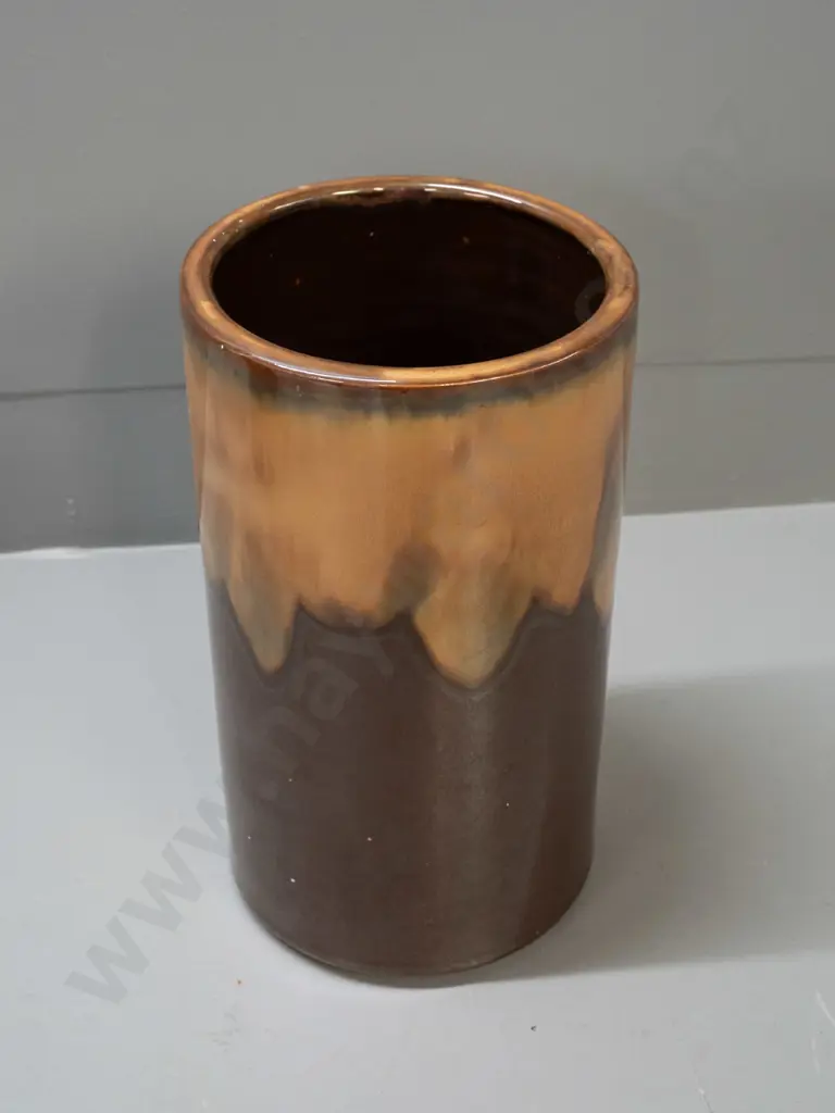 heavy stoneware cylindrical vase with brown and gold drip glaze, no maker's marks H-300 D-170 Image 1++