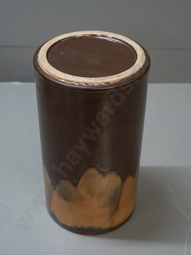 heavy stoneware cylindrical vase with brown and gold drip glaze, no maker's marks H-300 D-170 Image 1++