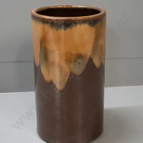 heavy stoneware cylindrical vase with brown and gold drip glaze, no maker's marks H-300 D-170