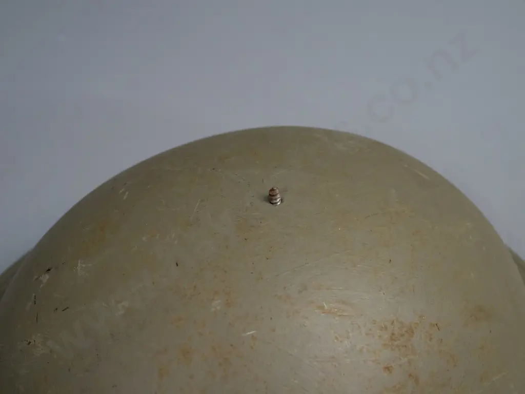 WWII-era British army helmet with suspension liner, webbing strap, missing top dome - overall age wear Image 1++