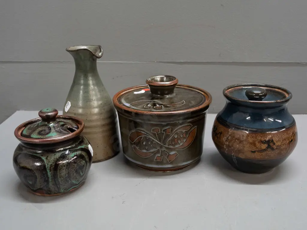 4 pieces of New Zealand studio pottery - 3 lidded containers, one with spoon cutout, and an oil bottle H-170, Image 1++