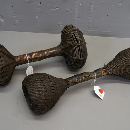 2 African rattles - #2 from Cameroon, #3 from DRC (Congo) with some damage / flaking, corrosion to middle L-360