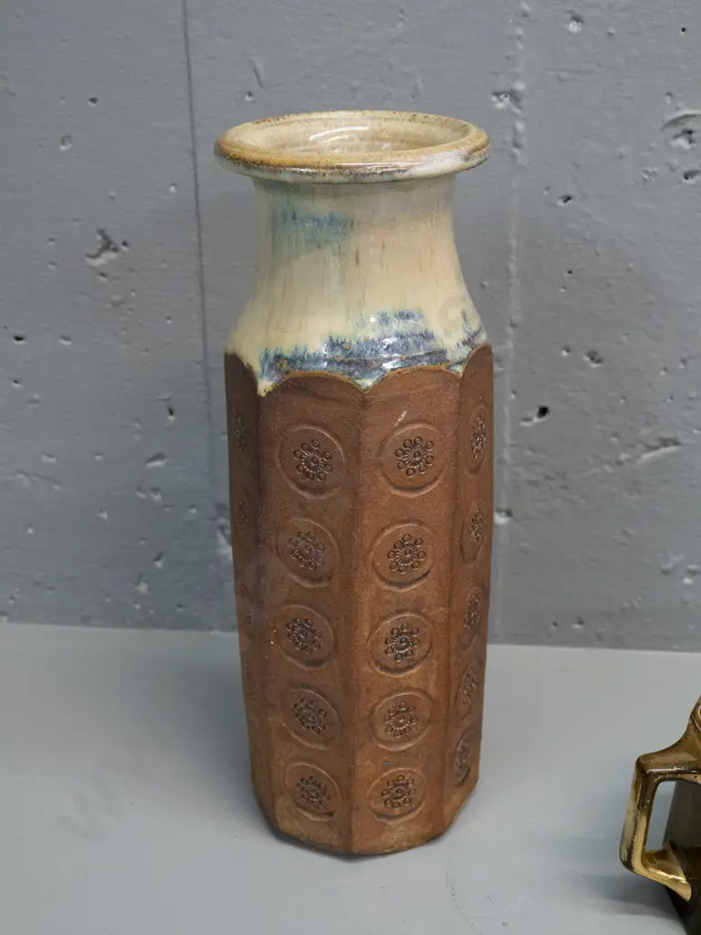 tall studio pottery vase with impressed decoration, small squat pottery vase and an Excella English Dunedin Image 1++