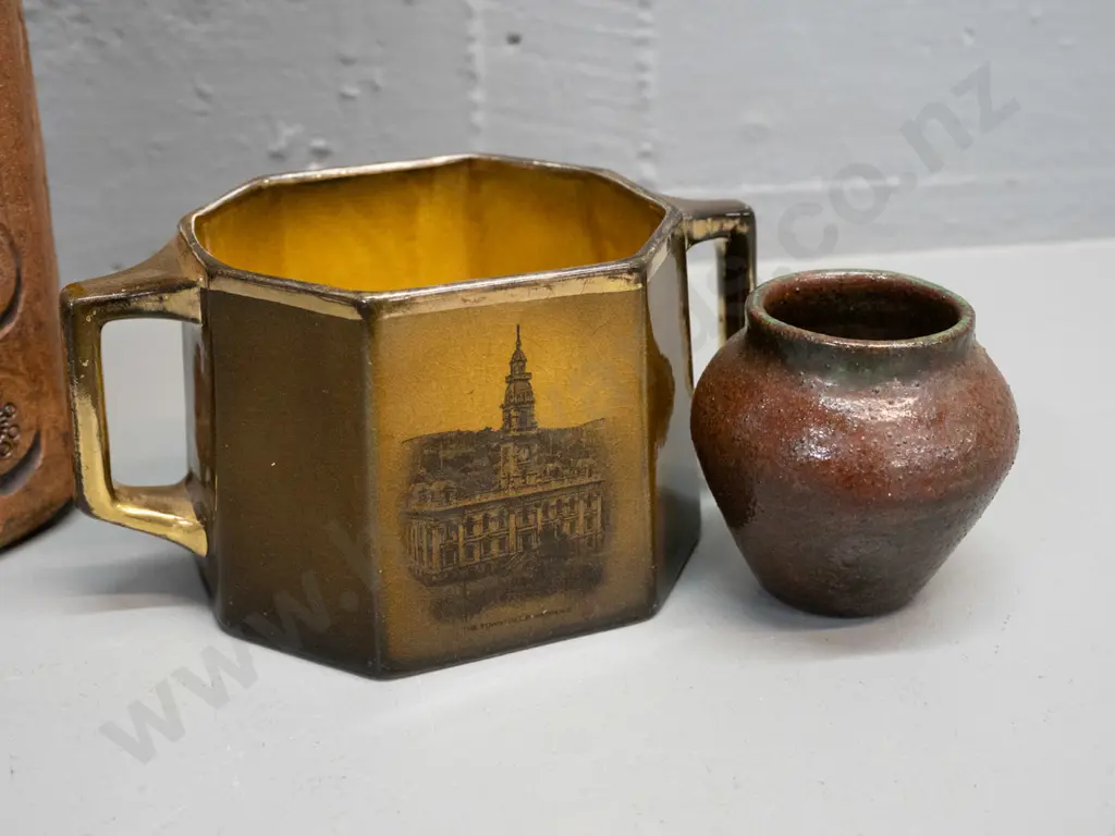 tall studio pottery vase with impressed decoration, small squat pottery vase and an Excella English Dunedin Image 1++
