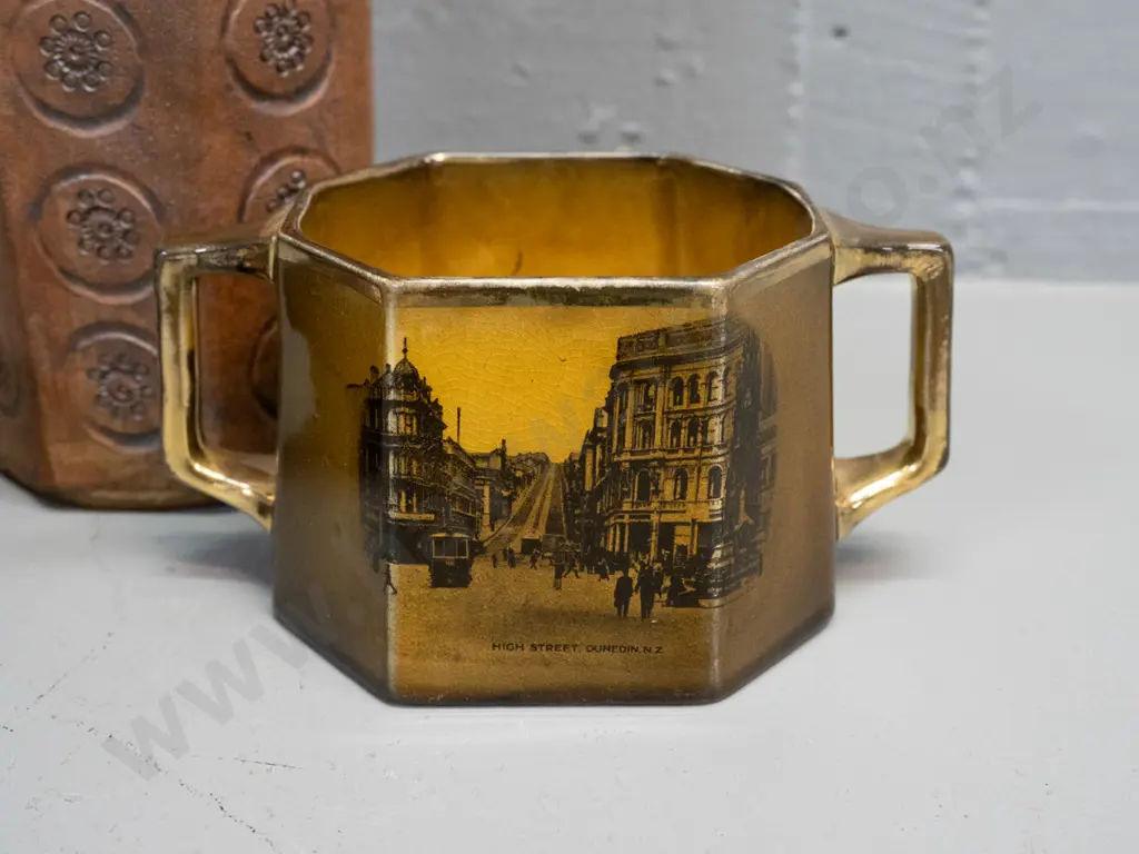 tall studio pottery vase with impressed decoration, small squat pottery vase and an Excella English Dunedin Image 1++