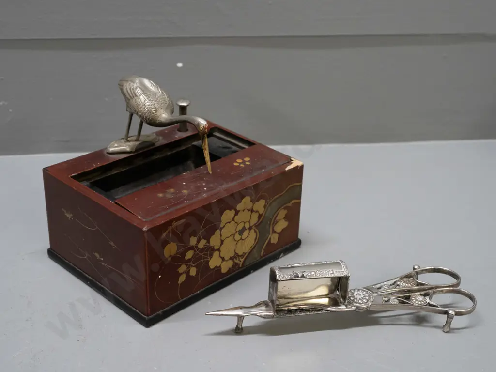 silver plated candle wick trimmer and a restorer's Japanese lacquer ware novelty cigarette dispenser - mechanism needs Image 1++