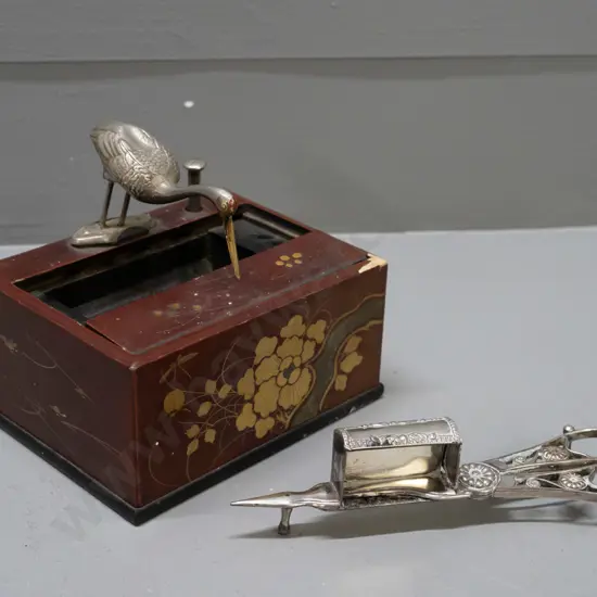 silver plated candle wick trimmer and a restorer's Japanese lacquer ware novelty cigarette dispenser - mechanism needs