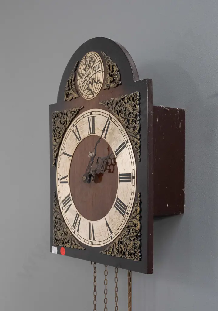 retro Schatz German arch-top wall clock with applied cast decoration, Tempus Fugit logo, brass weights and pendulum. Image 1++