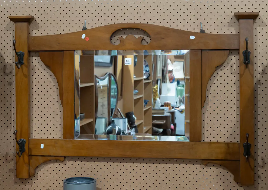 vintage beech nouveau style wall hanging bevelled edge mirror & coat rack with pierced carving, 4 hooks H-630 W-940 Image 1++