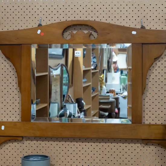 vintage beech nouveau style wall hanging bevelled edge mirror & coat rack with pierced carving, 4 hooks H-630 W-940