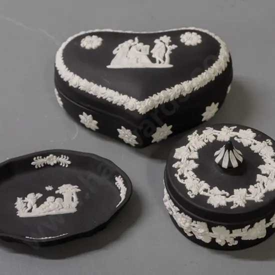 Wedgwood Jasperware black and white items - 2 lidded canisters and a pin dish - larger canister H-55 L-130