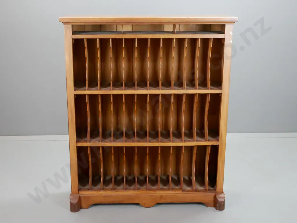vintage rimu open-front filing cabinet with 3 shelves with shaped partitions to vertically hold 78s - some staining Image 1++