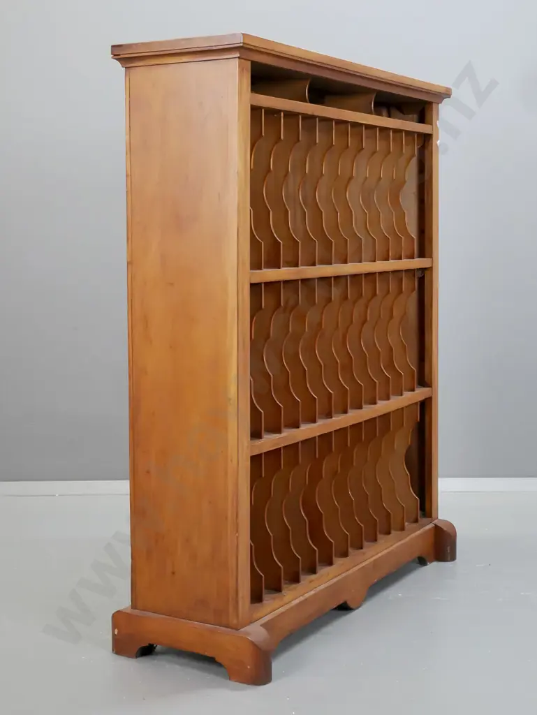 vintage rimu open-front filing cabinet with 3 shelves with shaped partitions to vertically hold 78s - some staining Image 1++