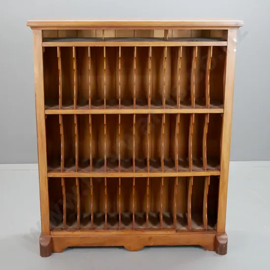 vintage rimu open-front filing cabinet with 3 shelves with shaped partitions to vertically hold 78s - some staining