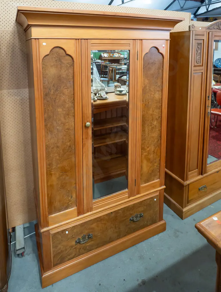 colonial NZ kauri single-door wardrobe with full length bevelled edge mirror, figured walnut inset ogee panels, large Image 1++
