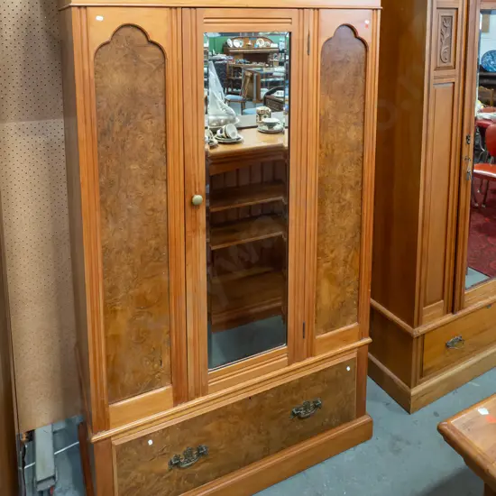 colonial NZ kauri single-door wardrobe with full length bevelled edge mirror, figured walnut inset ogee panels, large
