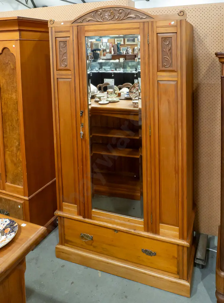 NZ colonial rimu & kauri wardrobe, single door with full length bevelled edge mirror, carved top rail and panels, Image 1++