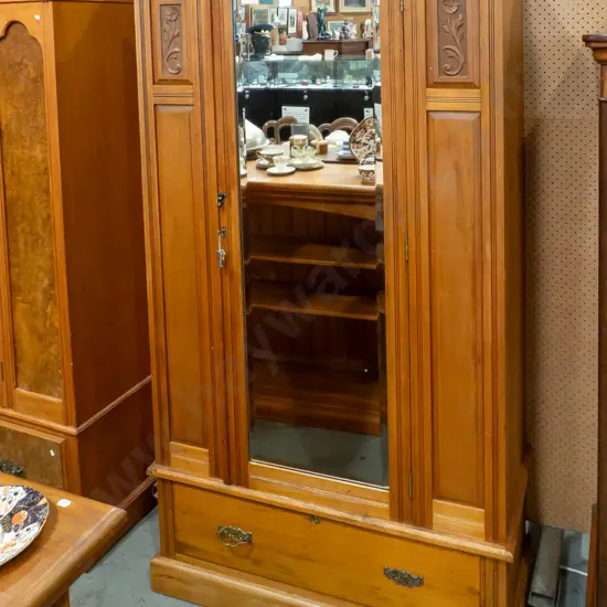 NZ colonial rimu & kauri wardrobe, single door with full length bevelled edge mirror, carved top rail and panels,