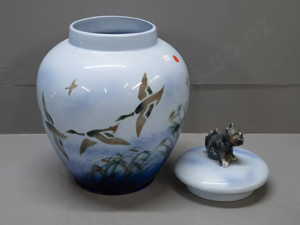 large hand painted Lucknow / Falcon Ware cover pot with "Misty Morn" flying mallard duck pattern & grotesque style dog Image 1++