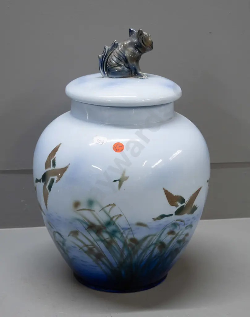 large hand painted Lucknow / Falcon Ware cover pot with "Misty Morn" flying mallard duck pattern & grotesque style dog Image 1++