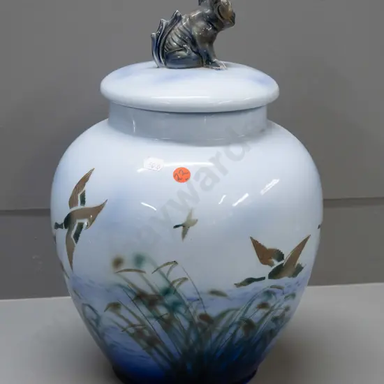 large hand painted Lucknow / Falcon Ware cover pot with "Misty Morn" flying mallard duck pattern & grotesque style dog
