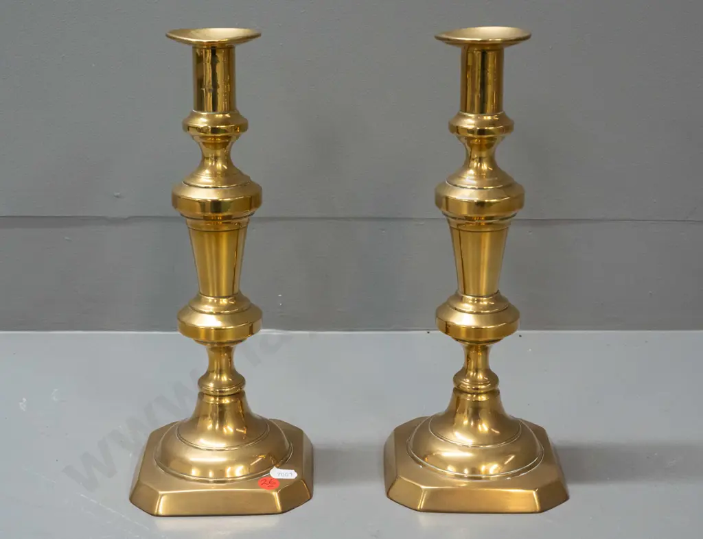 pair of Victorian brass candlesticks with square bases - slight warp / bend to top rims H-300 Base 110 x 110 Image 1++