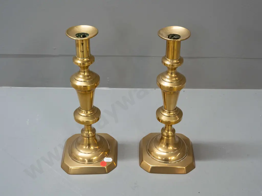 pair of Victorian brass candlesticks with square bases - slight warp / bend to top rims H-300 Base 110 x 110 Image 1++