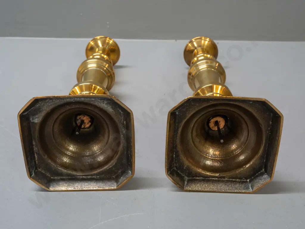 pair of Victorian brass candlesticks with square bases - slight warp / bend to top rims H-300 Base 110 x 110 Image 1++