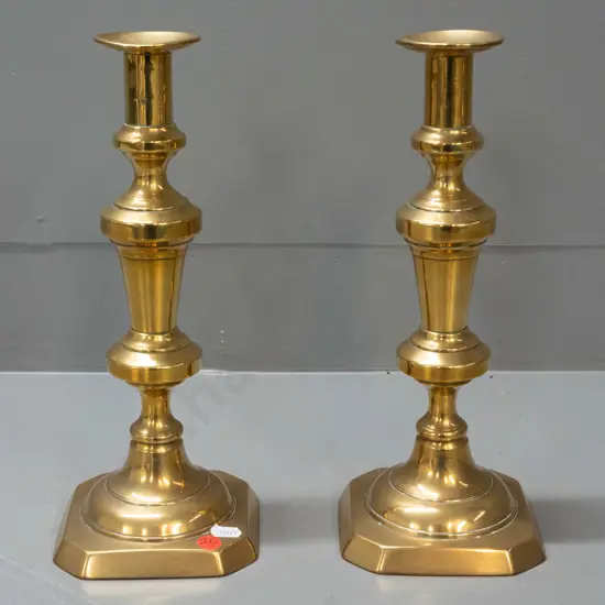 pair of Victorian brass candlesticks with square bases - slight warp / bend to top rims H-300 Base 110 x 110