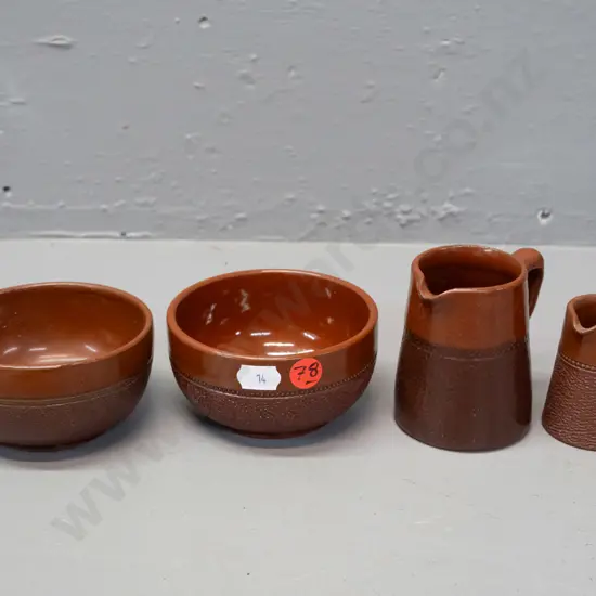 4 pieces Lovatt's Langley Ware marked "Leadless Glaze"  - 2 jugs and 2 bowls, one bowl with hairline crack to top rim,