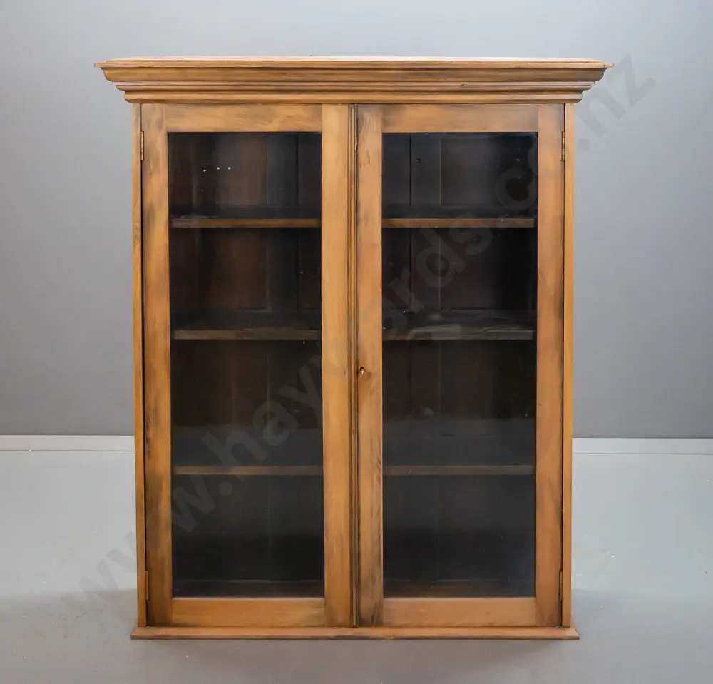 colonial rimu display cabinet / bookcase with 2 glazed doors, working lock and key, 3 adjustable shelves - repair to Image 1++